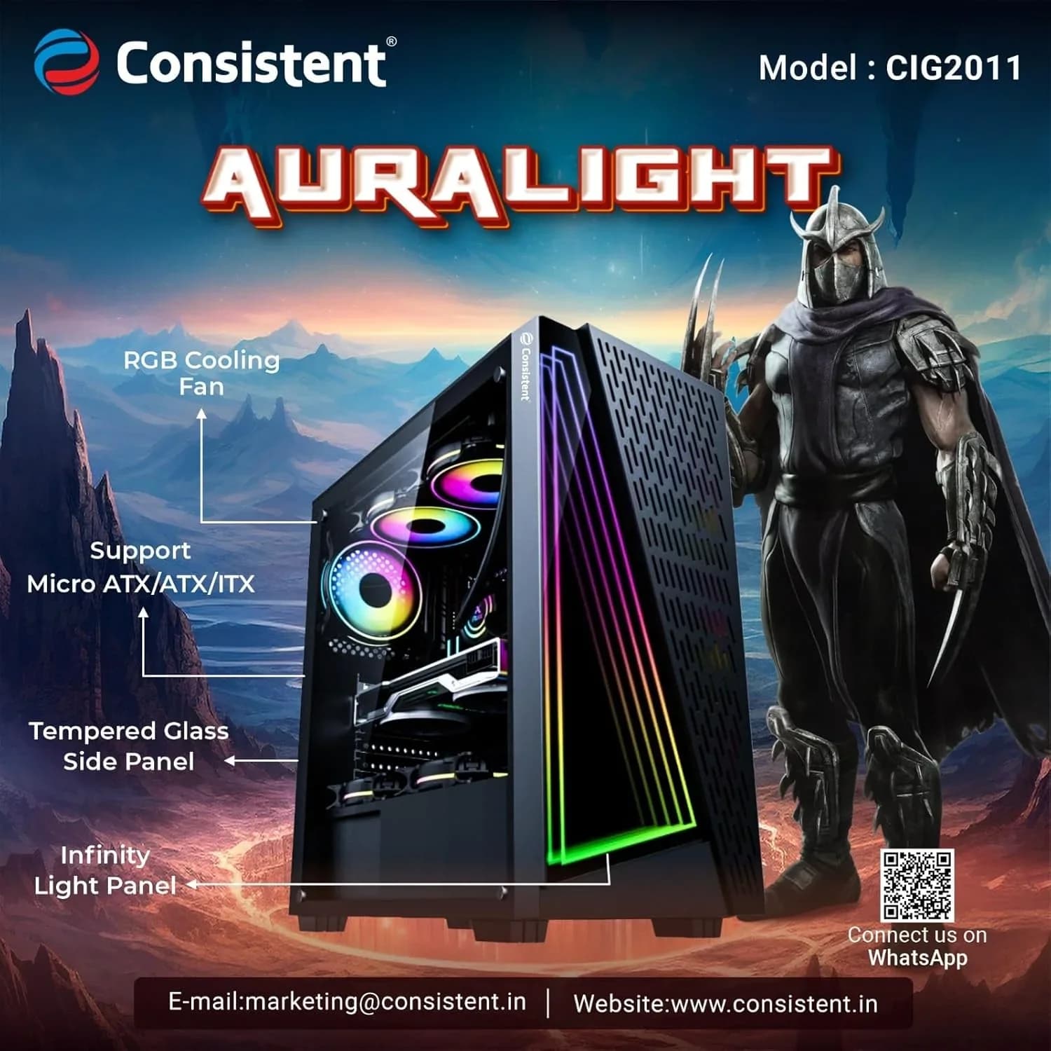 Consistent Auralight Gaming Cabinet 2011 | Support : Micro ATX/ATX/ITX | RGB LED Infinity Light Panel | with Tempered Glass Side Panel — image 1