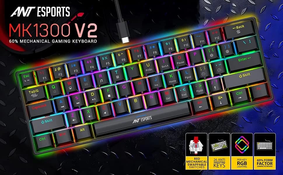 Ant Esports MK1300 V2 Mechnical Wired Gaming keyboard Black Hot-Swappable Per-Key RGB Red Outemu Switches — image 1