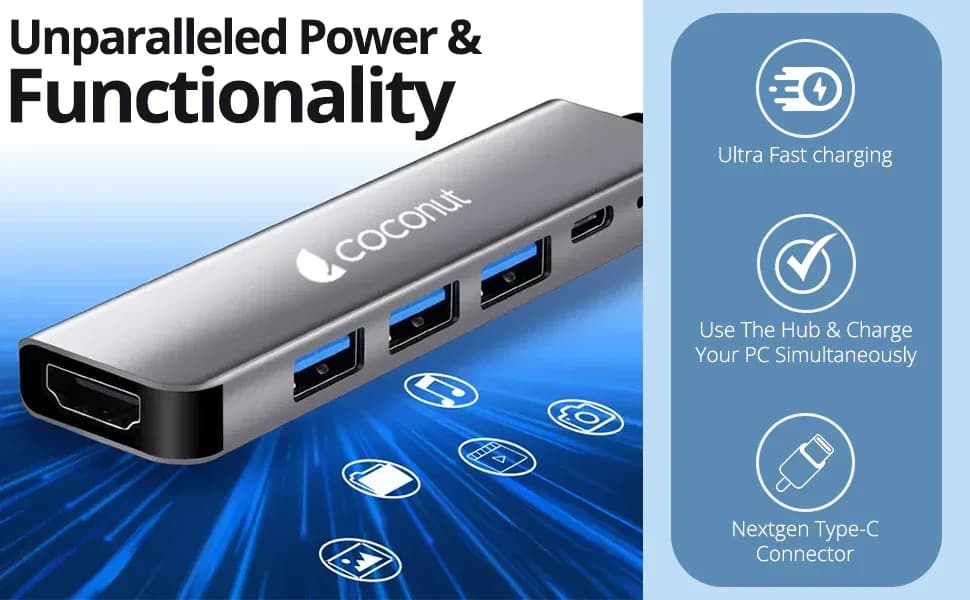 Coconut 5 in 1 Dock B - Type C To Hdmi+3*Usb+Pd | Usb C Hub | Plug & Play| Portable Design — image 1