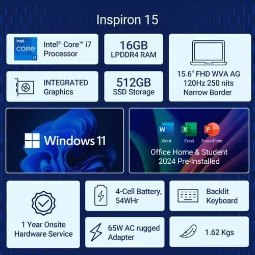 Dell Inspiron 3530 Thin & Light Laptop (13th Gen Intel Core i7-1355U/ 16GB DDR4 RAM/ 512GB SSD/ 15.6 Inch (39.62 cm) FHD Display/ Intel Iris Xe Graphics/ Windows 11/ MS-Office) OIN353010031RINS1MO — image 1
