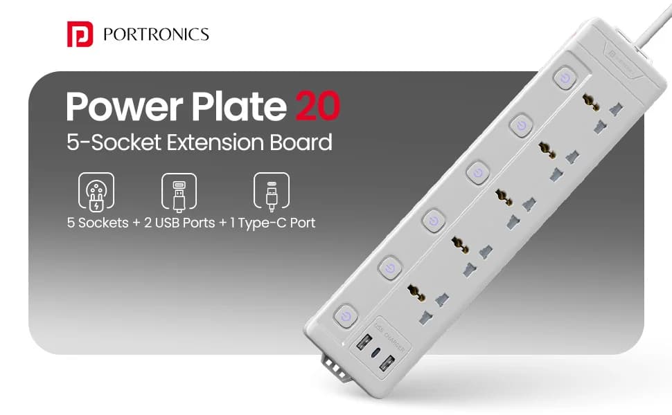 Portronics Power Plate 20 Extension Board with 5 Universal Power Sockets — image 1