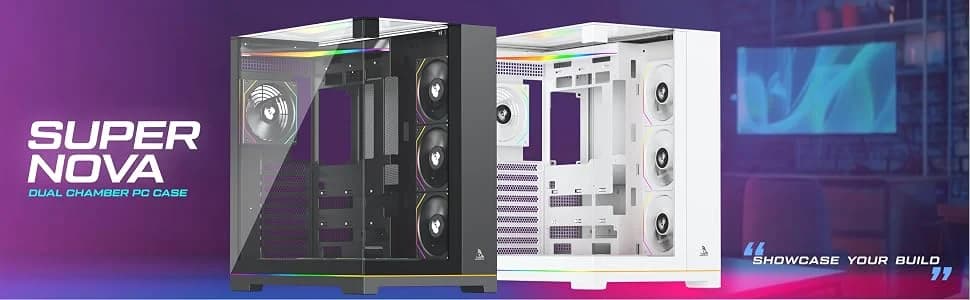 TAG Gamerz Supernova Mid-Tower Computer Case/Gaming Cabinet with 3 Side Glass Panoramic View| Pre-Installed 7 ARGB PWM Fans | Anti Sag Bracket | Support Reverse Connection motherboards PC CASE Black — image 1