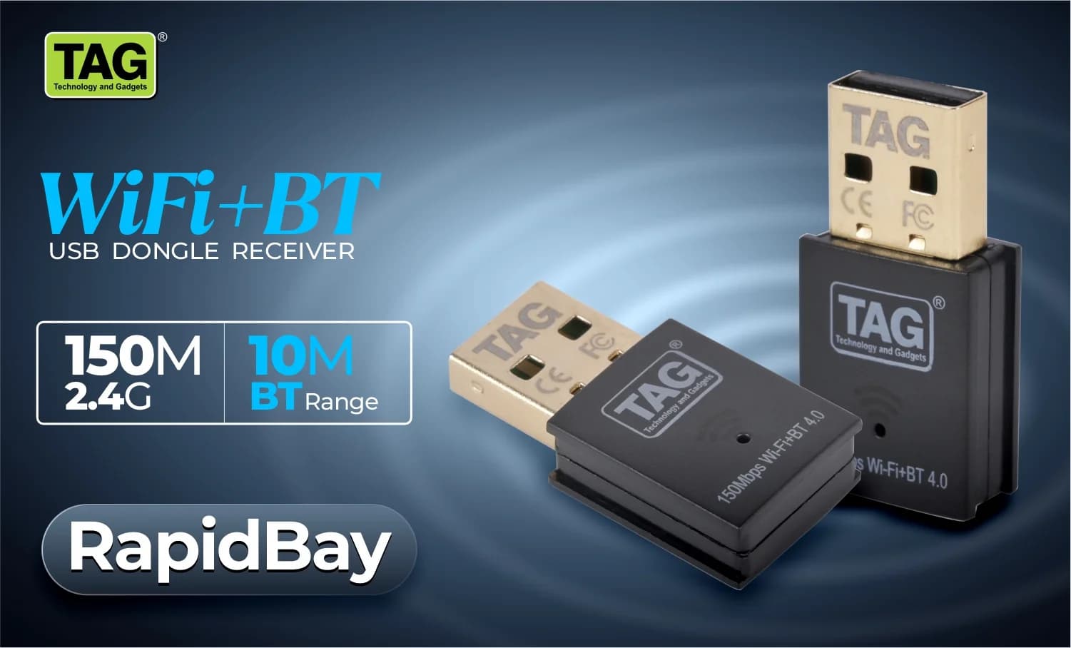 TAG Rapidbay WiFi & Bluetooth 4.2 USB Adapter | 150Mbps 2.4GHz Wireless Dongle | Plug & Play for PC/Laptop/Desktop | Windows 11/10/8.1/7 | Nano Design | Secure Connection — image 1