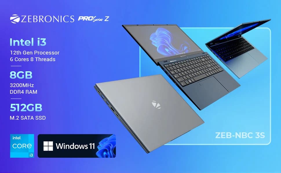 ZEBRONICS NBC 3S Intel Core i3-1215U 15.6” FHD (8 GB RAM 3200MHz/ 512 GB M.2 SATA SSD/Windows 11 Home) Space Grey